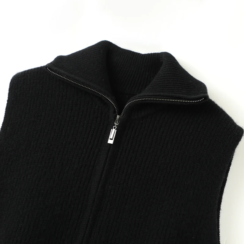 Cardigã de caxemira sem mangas para mulheres com zíper, colete, gola virada para baixo, outono, inverno, 100% lã merino, malhas chiques, novo