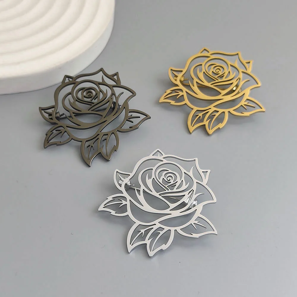 Hollow Rose Flower Brooch Stainless Steel Pin Gold Black Silver Color Elegant Floral Badge for Suit Coat Wedding Jewelry