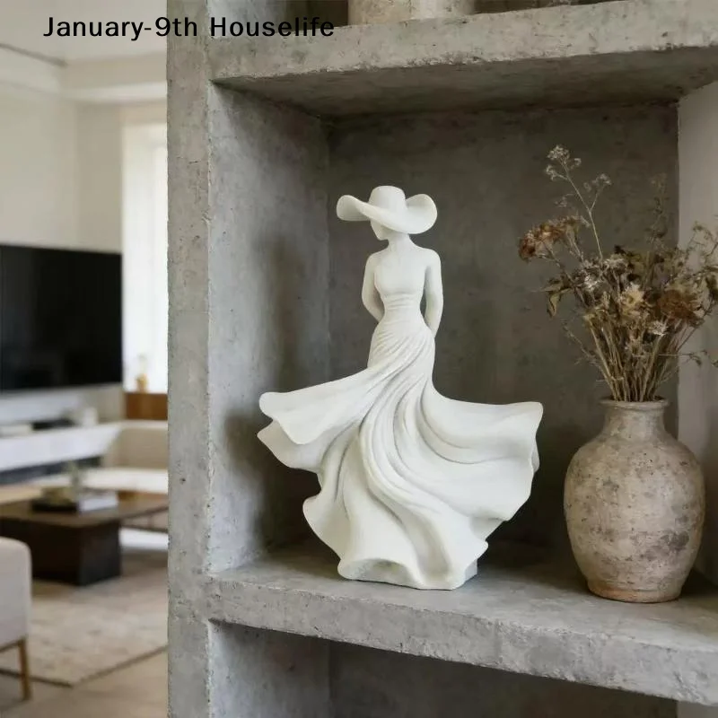 3D Ornament Figurine White Dancing Lady Statue Flowing Skirt Simple Console Living Room Decor Sculpture Gift For Women Girl