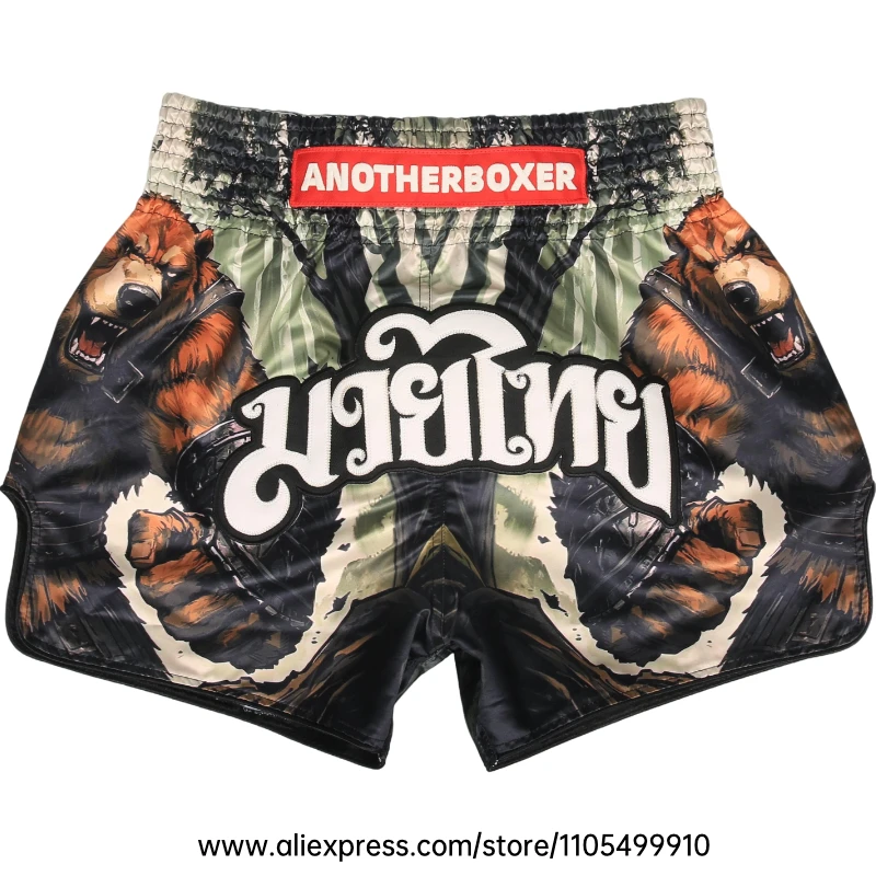 Muay Thai Shorts for Men Women Youth Bear Graphic Satin Boxing Trunks Martial Arts Fight Shorts for Kickboxing Training Sparring