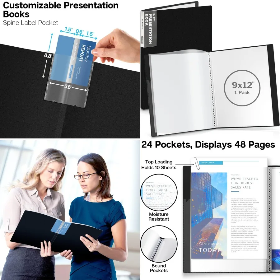 كتاب عرض دونويل 9 × 12 مجلد أسود 24 جيبًا بأكمام بلاستيكية لعرض 48 صفحة من 9 × 12 أو وثائق A4 Ce