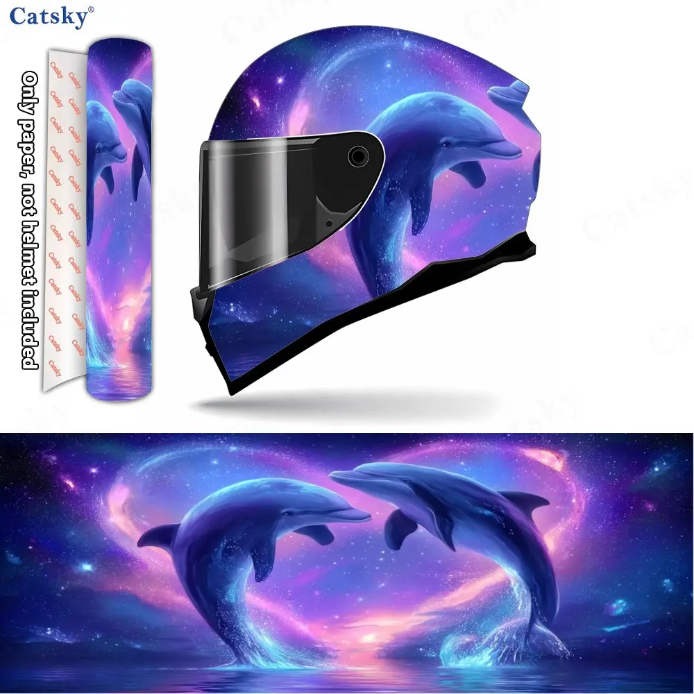 

Dream of Neon Star Sea and Dolphin Shadows Helmet Vinyl Wraps, Waterproof Scratch-Resistant Full Face Helmet Decals, Durable PVC