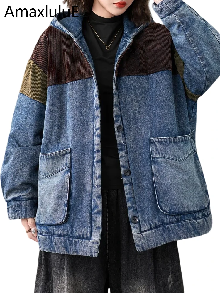 Amax lulue inverno moda feminina com capuz denim veludo acolchoado casacos femininos vintage jaquetas de grandes dimensões casual engrossar quente parkas