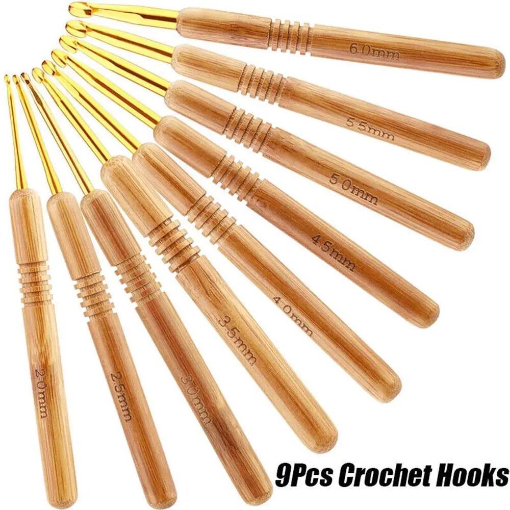 9Pcs/set Bamboo Handle Gold Head Crochet Hook Set Hand DIY Knitting Tools Accessories Materials