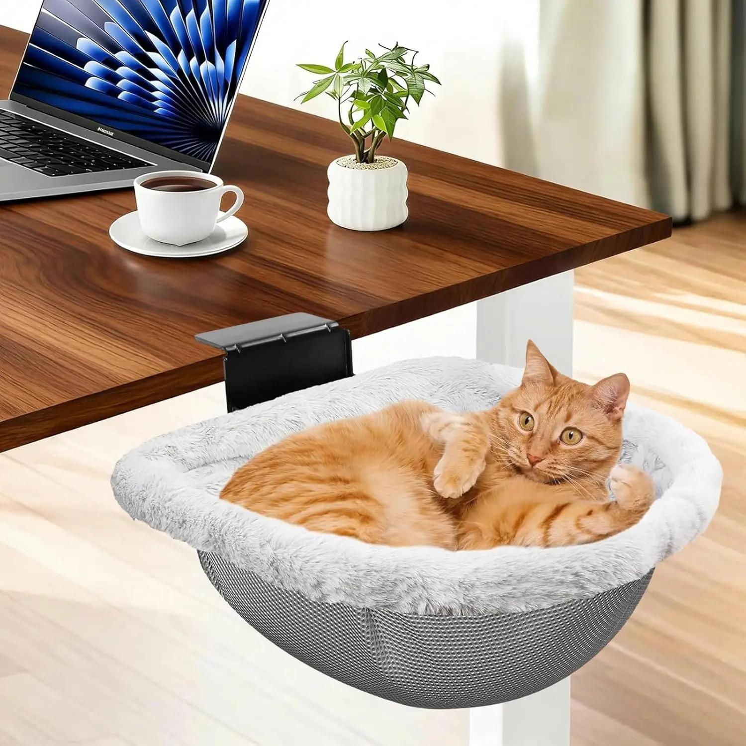 

Stable Cat Desk Bed with Heavy-Duty Clamp, Sunken Hammock & Faux Fur for Comfort, Removable Washable, Holds 40lbs