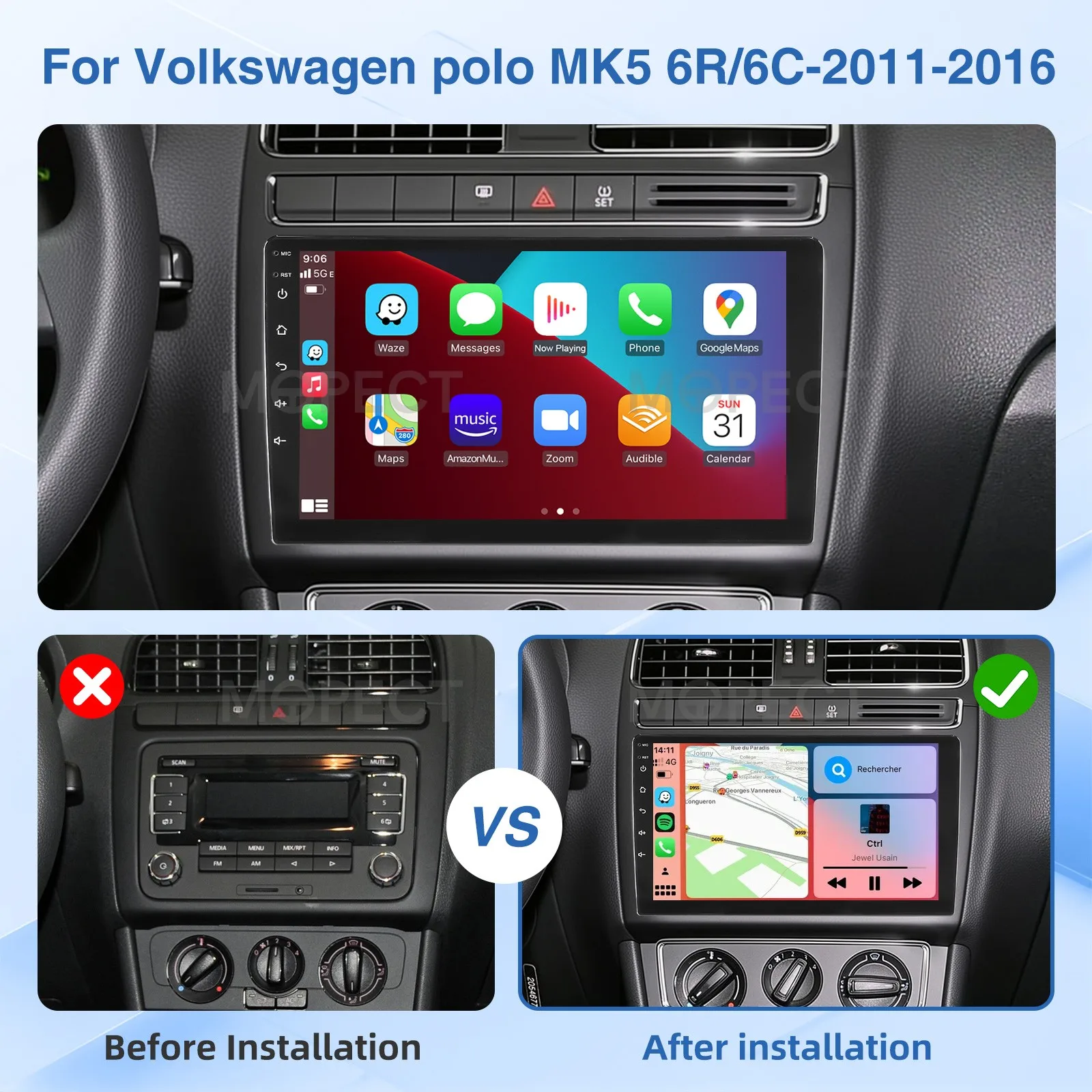 9-Zoll Android 15.0 Autoradio 4+64GB für VW Polo 6R 6C V 2009-2017 Apple CarPlay IPS Touchscreen GPS-Navigation FM/AM SWC Bluetooth – Detail 3