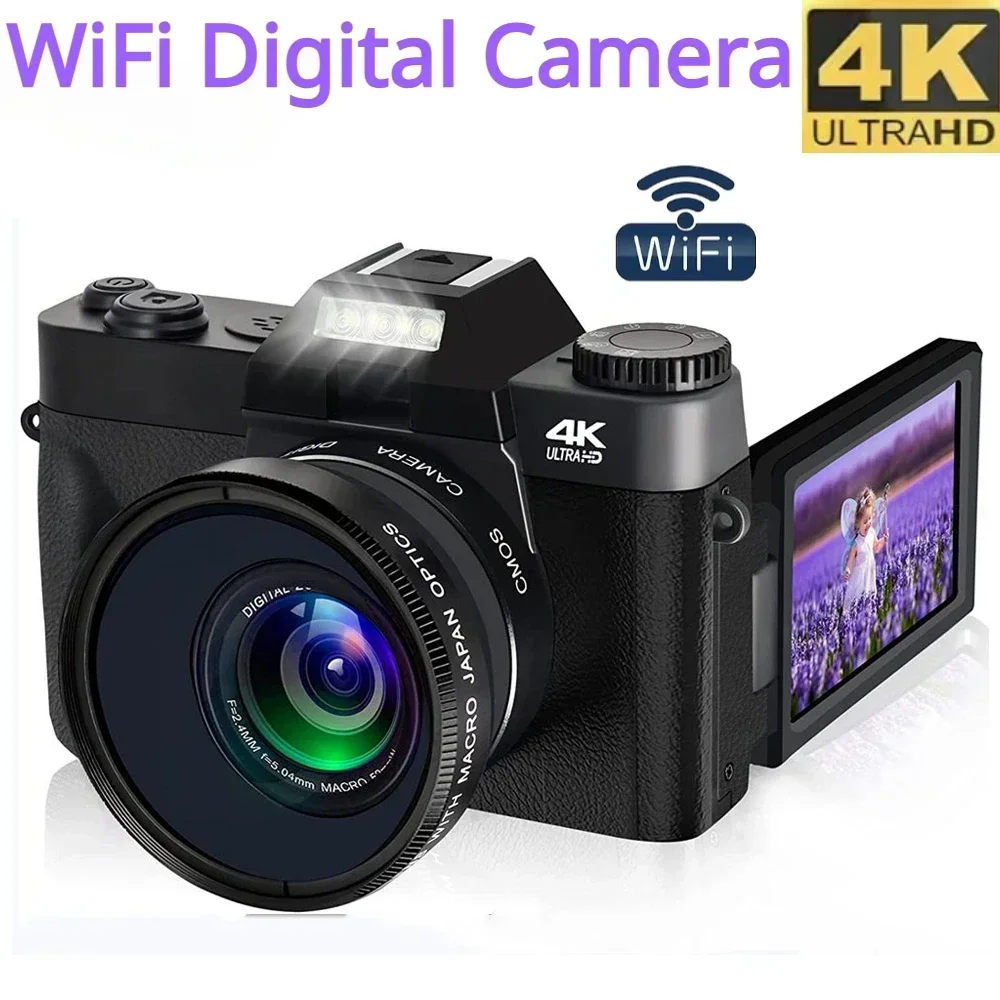 

48MP WiFi Digital Camera 4K UHD Vlogging Camcorder 3.0 180° Flip Screen Selfile Digital Webcam for YouTube Wide Angle Macro Lens