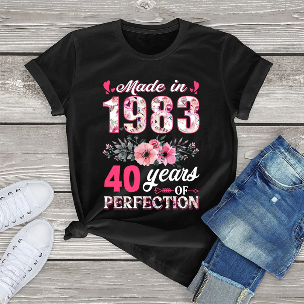 

Floral Graphic Tees Fashion Tops Women Clothing Hip Hop Streetwear Made In 1983 40 Years of Perfection 40th Birthday black Tees