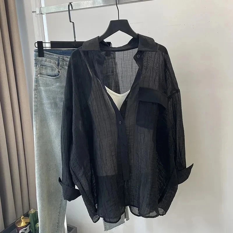 Ladies Loose Fit Lungo Sve Sottile Colore puro irt Coreano Sle Protezione solare Faionable Office Wear Miscela di poliestere irt