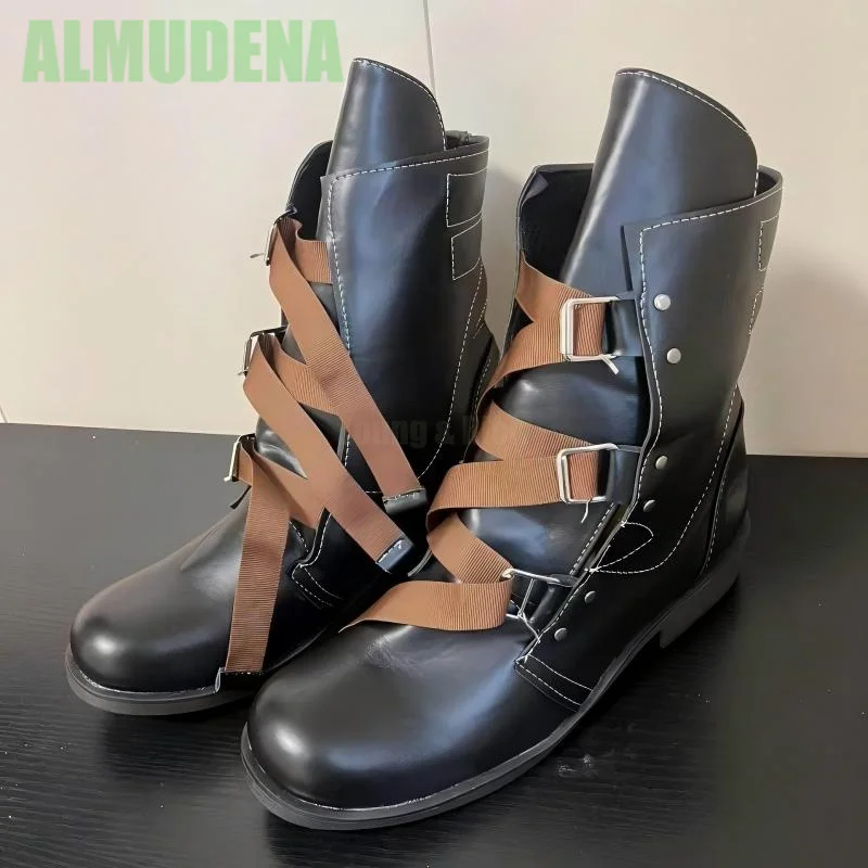 

Belt Buckle Men's Short Boots Retro Round Toe Minimalist Black Trendy Motorcycle Boots Square Heel Flat Bottomed Western Boots