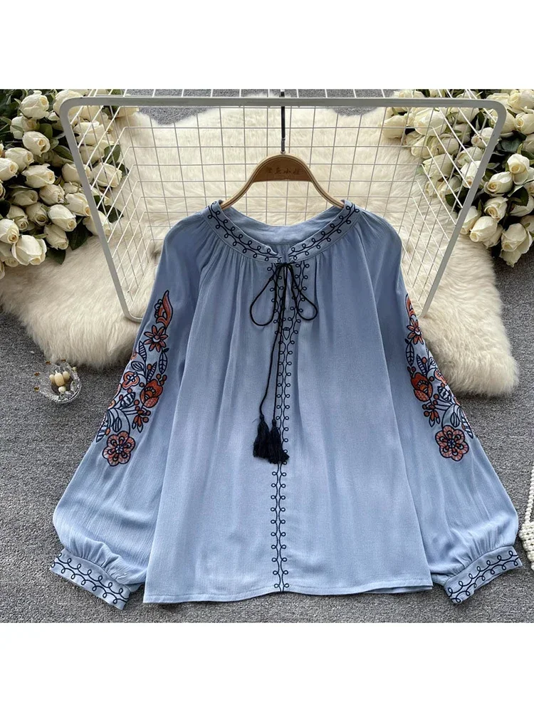 Women Spring Autumn Blouse French with Foreign Air Thin Retro Ethnic Style Embroidery Printing Lace Up Chic Shirt Tops D2533