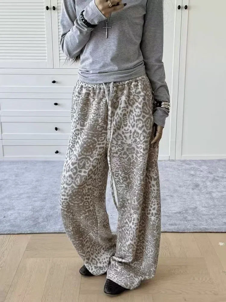 Vintage Leopard Pant Wide Leg Pants Women American Loose Streetwear Casual Pant Y2K Fall High Waist Drawstring Straight Trousers