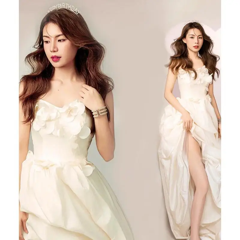 

Temperament Strapless Bride Satin Flower Sleeveless Front Short Back Long Trailing Banquet Wedding Dress Customized