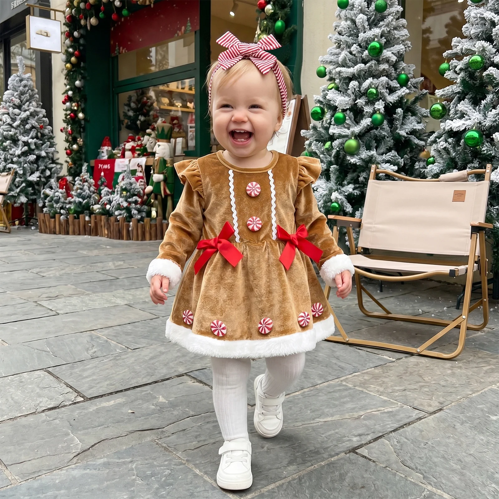Infant Girl Christmas Outfit Long Sleeve Crew Neck Contrast Color Bow Decor Velvet Romper Dress and Headband Set