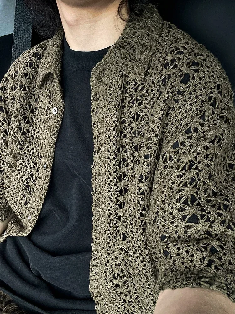 Vintage y2k camisa de malha masculina moda meia manga oco para fora ver através de malha cardigans masculino topos verão casual camisas de tricô