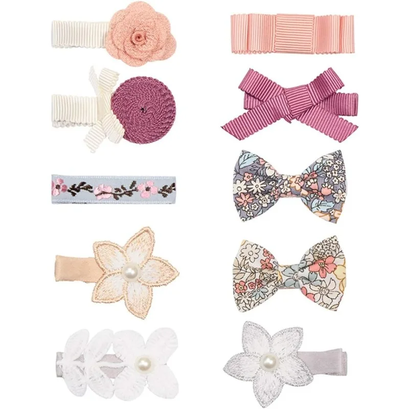 

10 шт., кружевная заколка для волос с жемчугом, заколка для волос с цветком для девочек, детская заколка для волос с бантом AIMIYan, набор заколок для волос с кружевным цветком и бантом для маленьких девочек