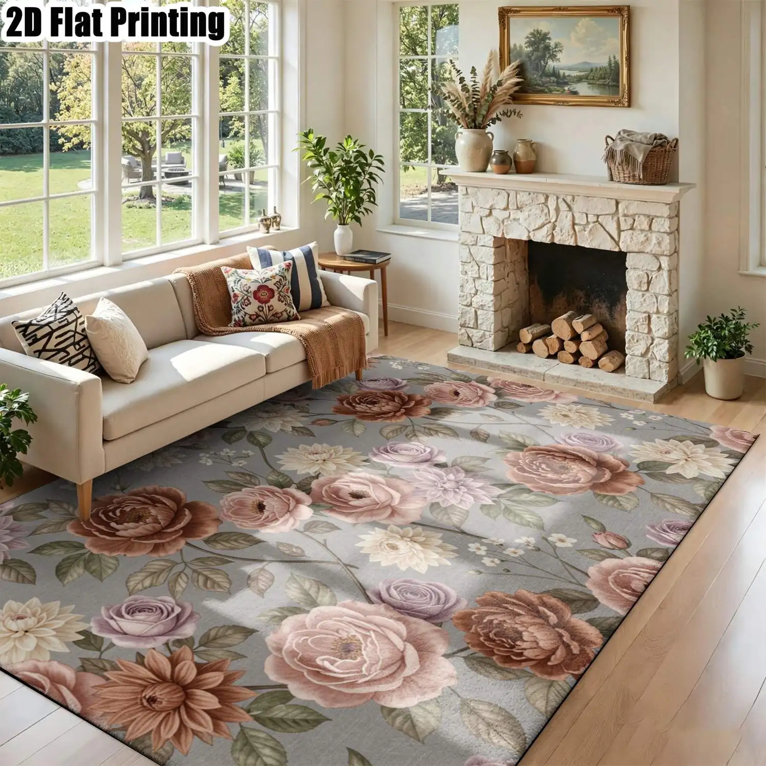 1Pc 2D Printed Retro Morandi Floral Carpet, Suitable for Instagram/European Decor, Home Use, Multiple Sizes, Machine Washable, Multi-Scene Mat