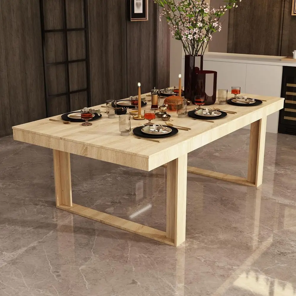 

W Dining Table for 8-10 People, Wooden Dinner Table for Kitchen or Dining Room Conference Room, Light Brown