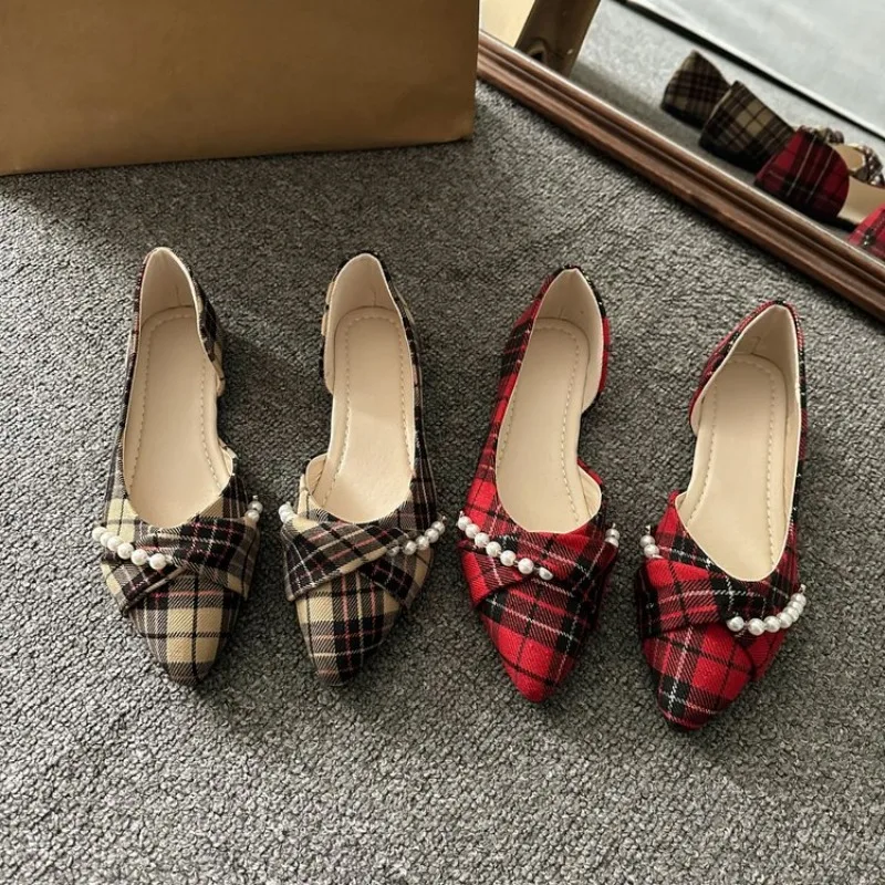 Retro Red Plaid Fashion Women Shoes 2024 Sprig New Pointed Toe Women\'s Flats Shoes Light and Comfortable Ladies Single Shoes