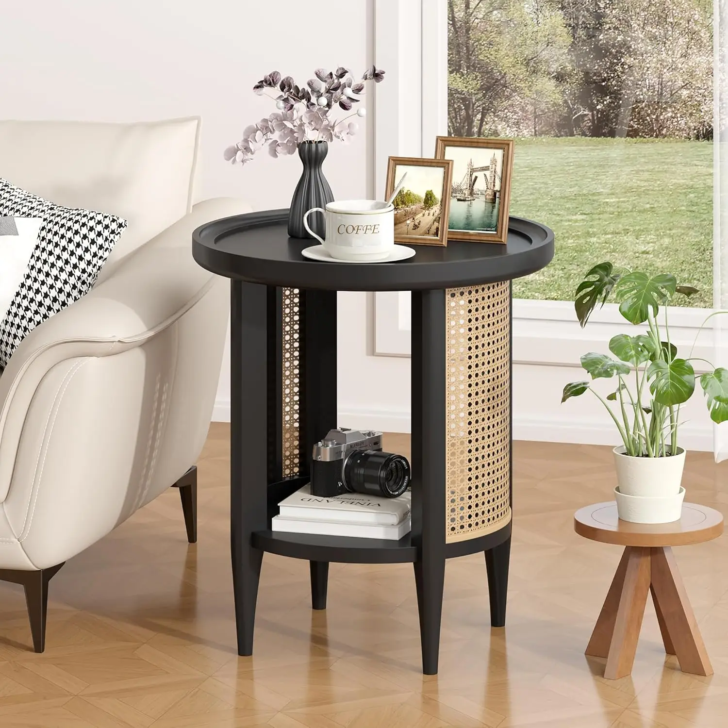 

Round End Table Rattan Style Side Table with Solid Wood Legs, Boho Style Nightstand Bedside Table with 2-Tier Shelves, Small