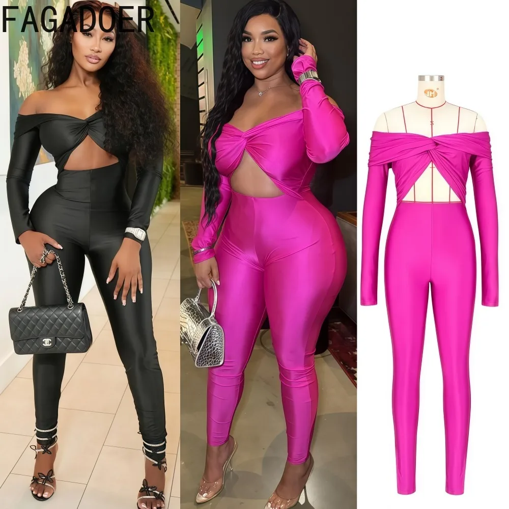 

FAGADOER Sexy Hollow Out Bodycon Jumpsuit Woman Solid Color Off Showlder Backless Rompers Female Streetwear Overalls 2025 New