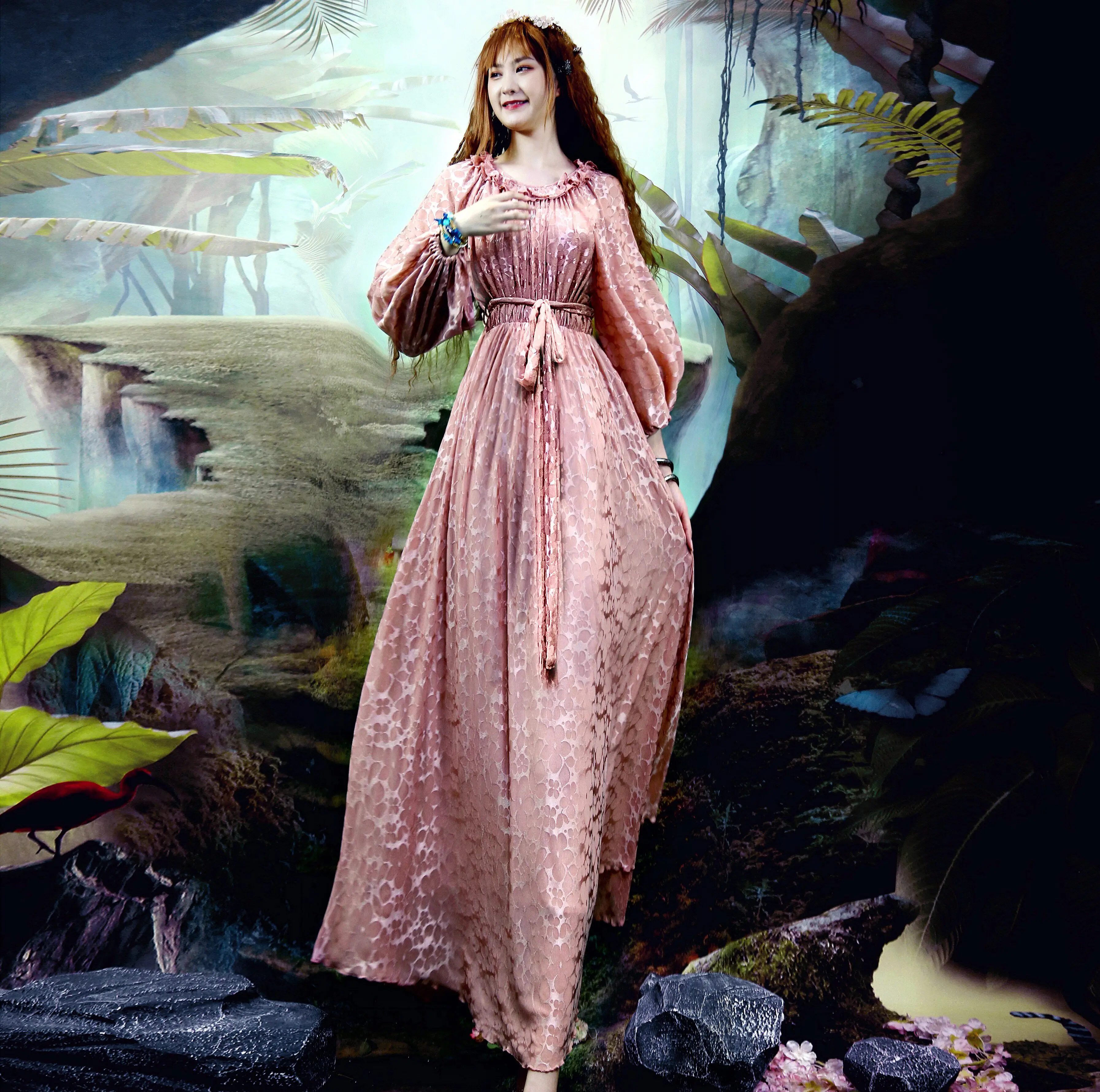

TIYIHAILEY Spring Autumn Women Lace Dress Lantern Sleeve Long Maxi Ladies A-line High Waist S-L Vintage Ladies Pink Floor Length
