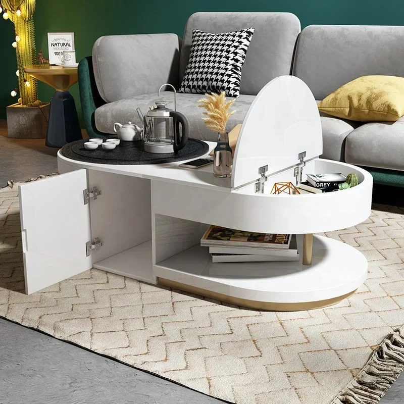 Hot Sale Modern Functional Induction Heating Plate Storage Tables Oval White Coffee Table with Chairs