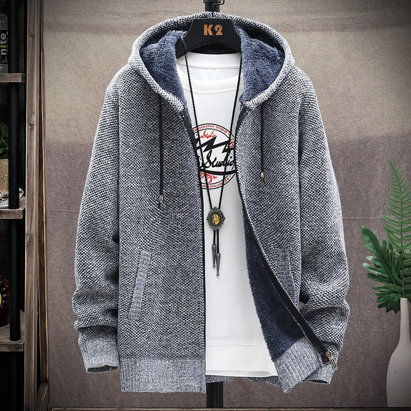 Winter Fleece Sweatercoat Men Thick Warm Hooded Kintted Mens Sweater Cardigan Solid Casual Knitting Jacket Coat Male Clothing