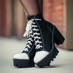 Onlymaker Women  Platform Lace Up Canvas Ankel Boots Block Chunky Heels  Shoes Large Size  Fashion Autumn Booties