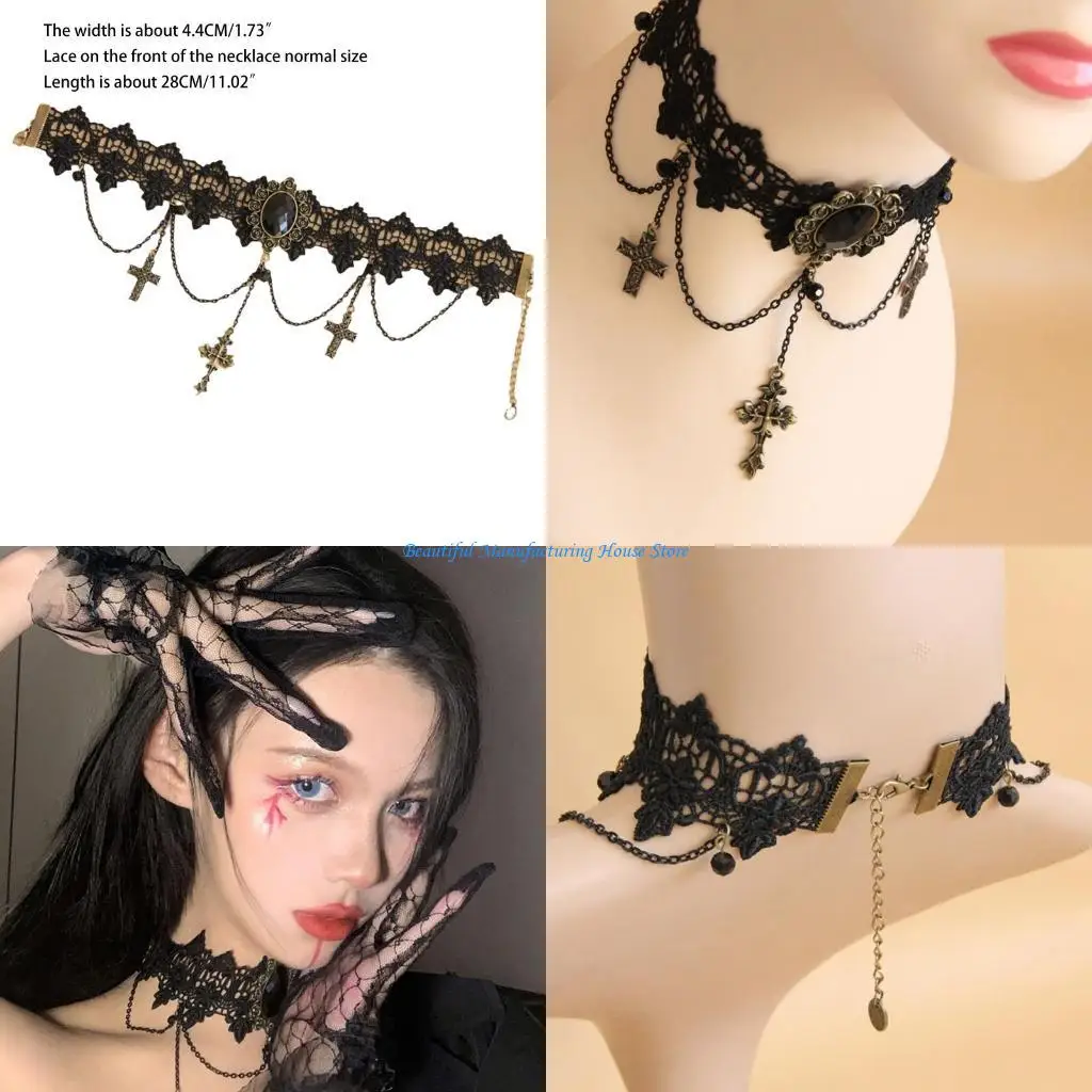 

E56A Chain Lace Choker Necklace Vintage Crucifix Pendant Necklace Punk Crystal Collar