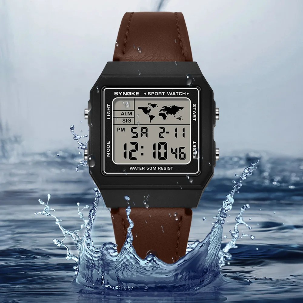 SYNOKE Leather Watch Outdoor Sports Multifunctional Waterproof Large Screen Display Luminous LED Digital For Men Retro Fashion