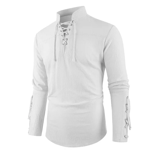 Imagen 2 del producto Camisa de disfraz medieval para hombre, diseño de cordón de lino y algodón, camiseta informal elegante Vintage para fiesta de Halloween, cuello Henley