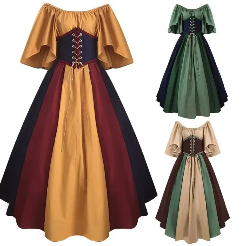 Medieval Vintage Color Collision Stitching Flying Sleeve Lace-up Waist Large Hem Skirt One-line Shoulder Dress