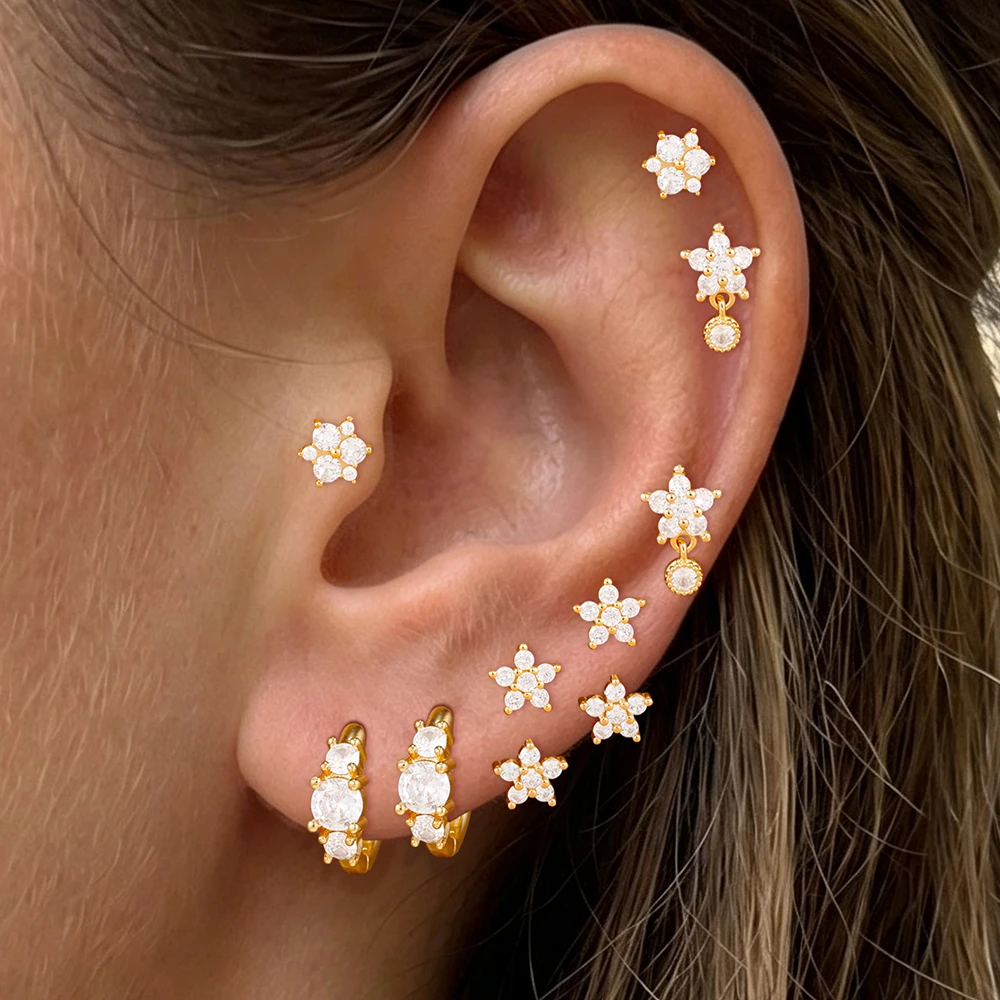 4-teiliges/8-teiliges Set französischer Design-Zirkon-Doppelblumen-Ohrhänger für Damen, geometrische Creolen, koreanischer Modeschmuck – Detail 5