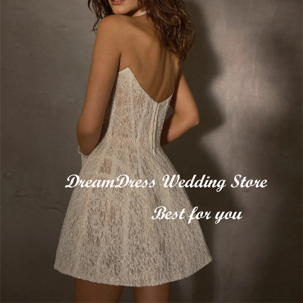 DREAM Illusion Strapless Short Mini A Line Wedding Dress Sequined Lace Backless Bridal Gown Bohemian Custom Made