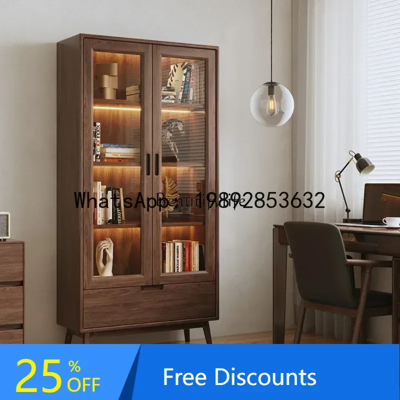 

Black walnut combination bookcase All solid wood Modern simple display bookcase Glass door Locker
