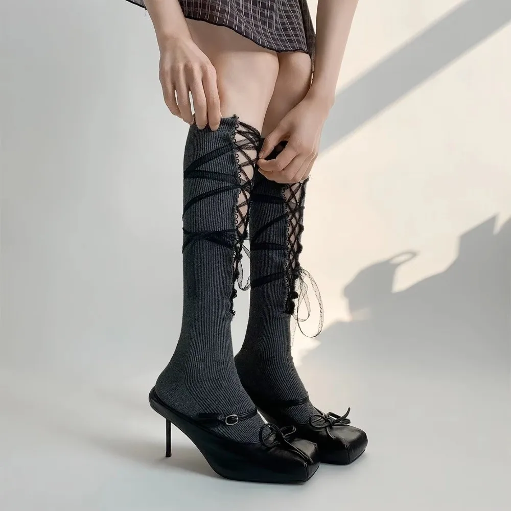 New Y2K Knee High Socks Ribbon Bow Solid Color Mid-calf Socks Lace Trim Dress Stacking Socks Women