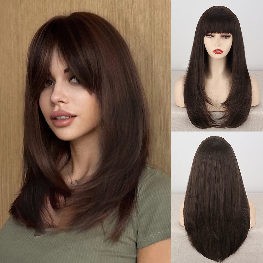 

Short Straight Brown Black Wig With Bangs Inside Button Synthetic Wigs for Women Daily Natural Hair High Temperature Golden Hair