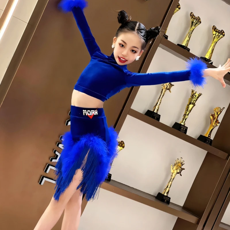 카우보이 삼바 룸바 댄스 투피스 세트 소녀용 무도회 댄스 대회 드레스 플러시 긴 소매 고급 라틴 댄스 드레스