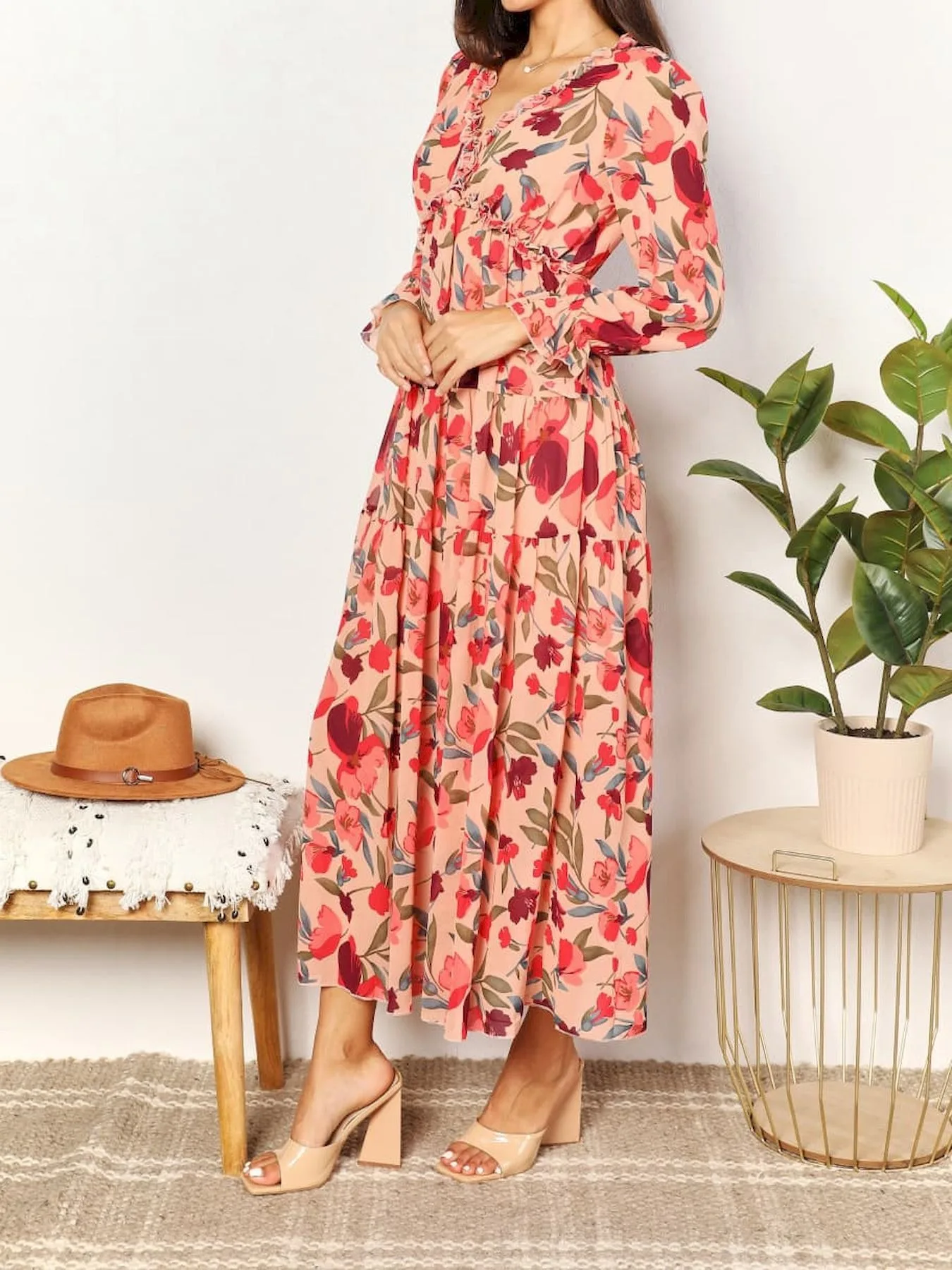Elegantes Blumenmuster Damen Sommer Casual Rüschen Mehrlagiges Langarm V-Ausschnitt A-Linien Langes Maxi Party Loses Boho-Kleid – Detail 12