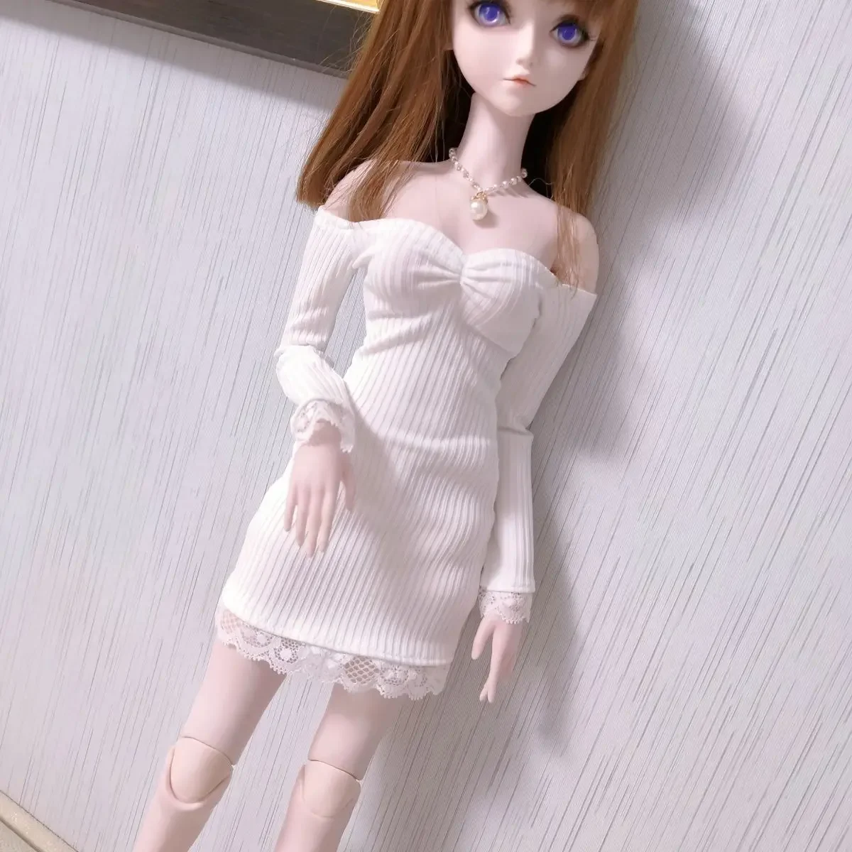 (Customized) 60cm Doll's Clothes for 1/3 BJD Doll Off Shoulder Strapless Long Sleeved Lace Knit Short Skirt Doll Accessories