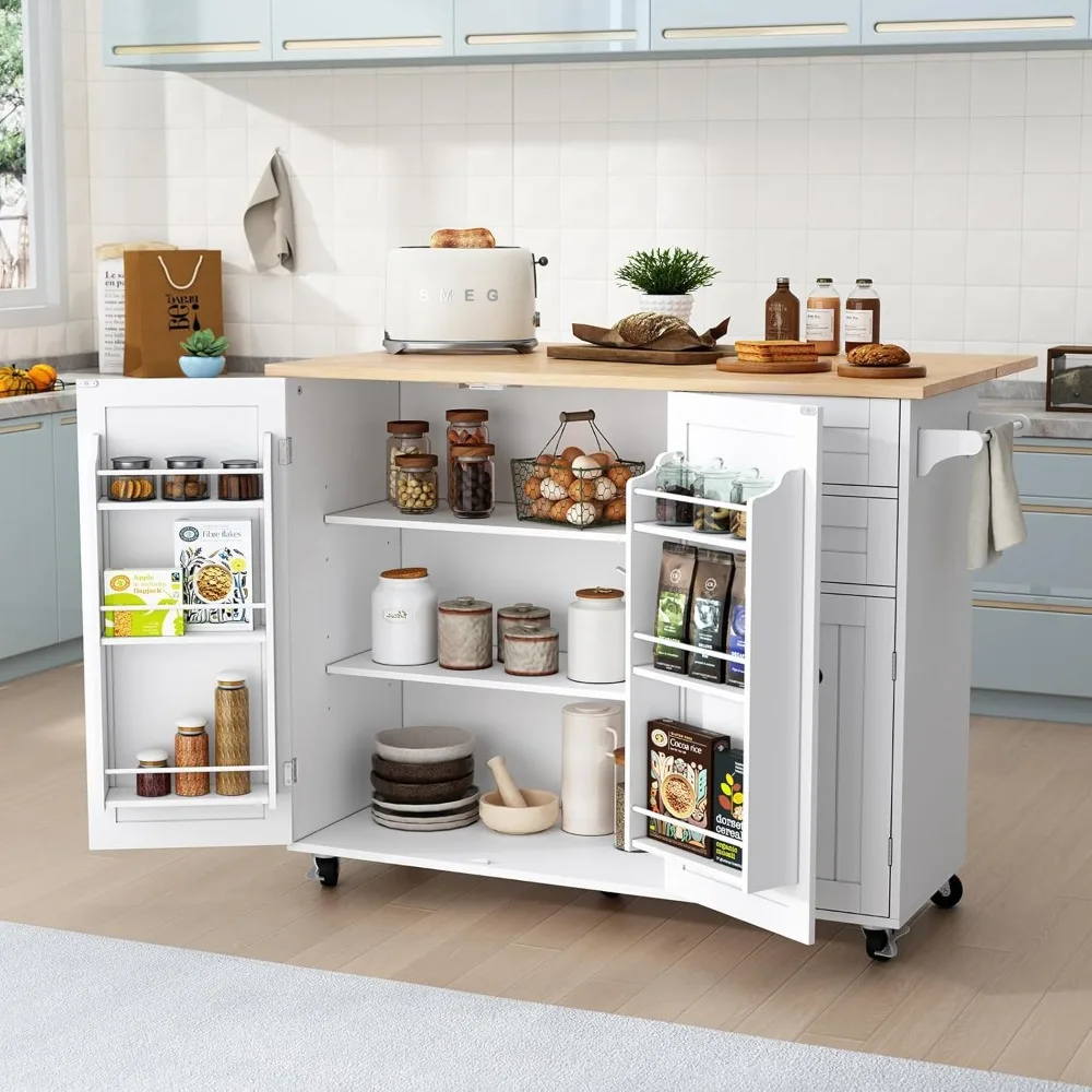 Wheels with Drop-Leaf Bar Countertop,Island Table for Kitchen with Side Open Spice Rack and Tower Rack,Extra Storage for Kitchen