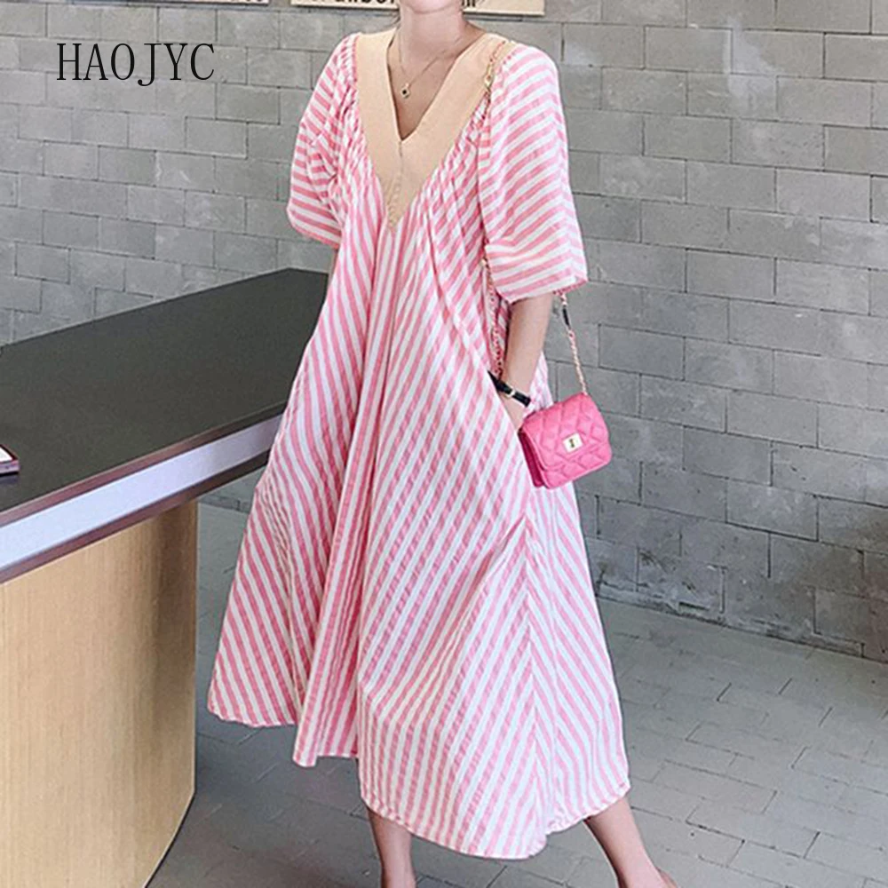 

Summer V-neck pink striped dress loose medium and long knee skirt vestidos elegantes para mujer boho dress