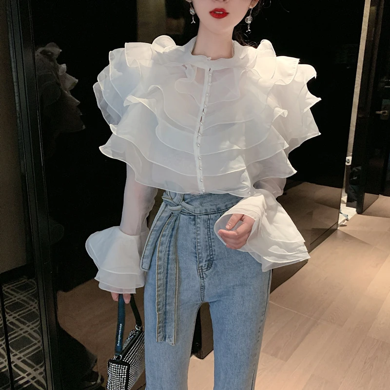 Spring Korean Fashion Sweet Women Shirts Blouses Net Yarn Cascade Ruffle Flared Sleeve Perspective Chiffon Pearl Button Up Shirt