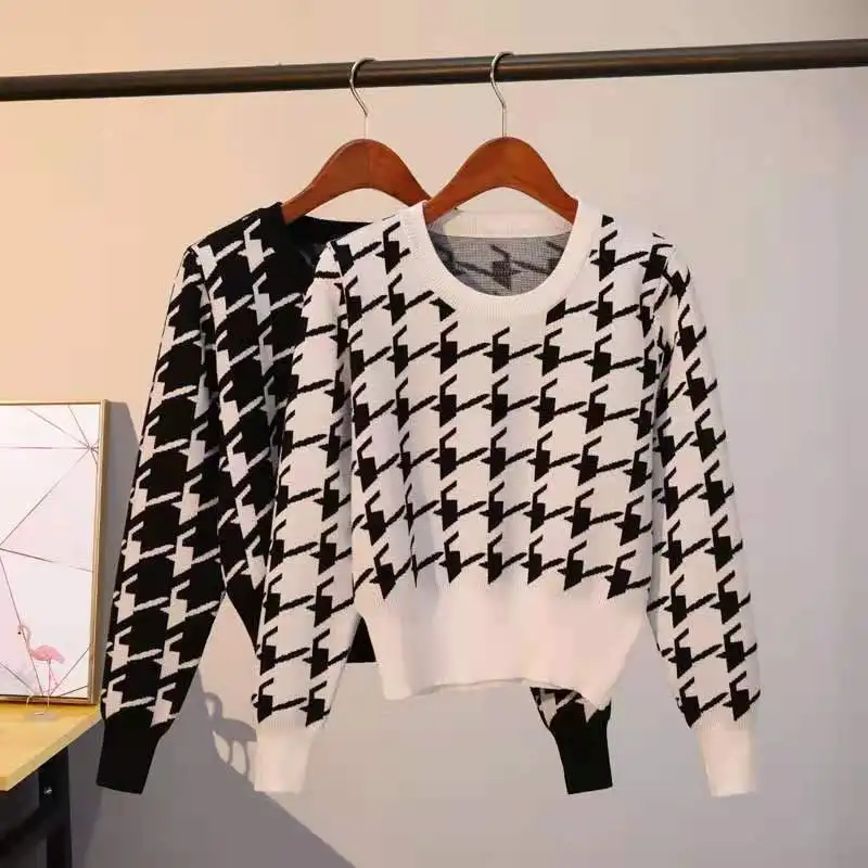 Plaid sweater Vest Women Loose jumper retro long-sleeved round-necked Korean women sweater top