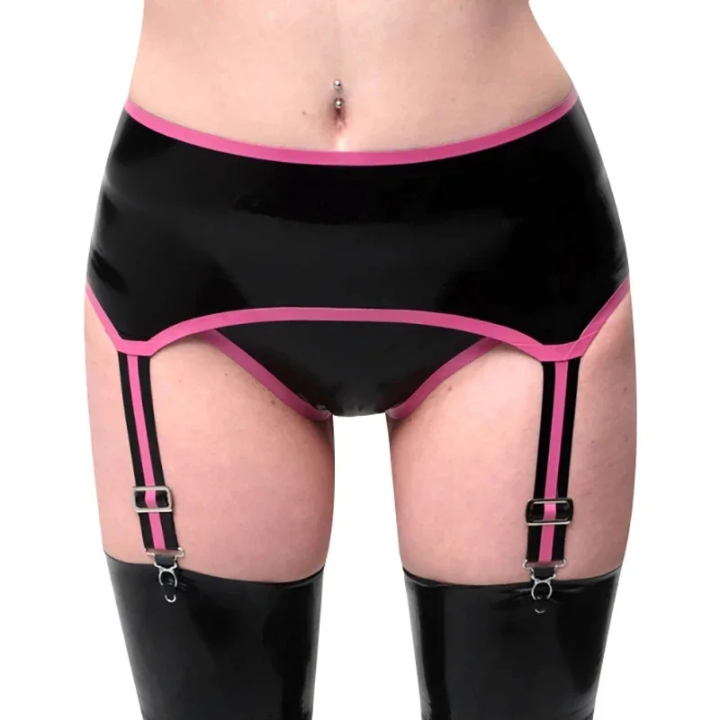 

Latex Briefs Shorts Sexy Fetish Black With Pink Garter Stocking Clip Underwear Custom Made for Women