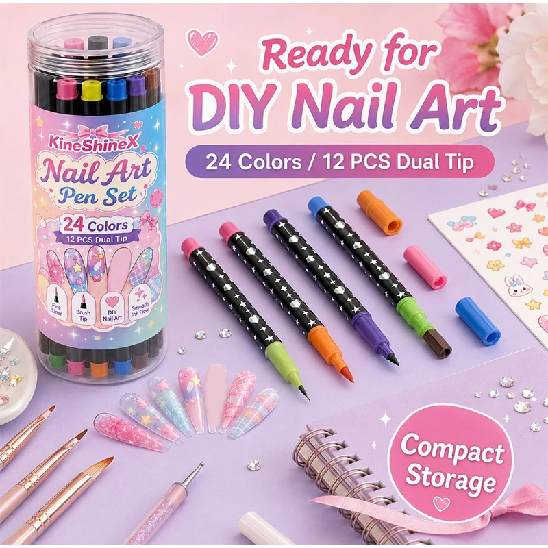 12pcs Double Nail Painting Pen 24-color Acrylic Colorful Marker Nail Graffiti Pen DIY Quick-drying Smooth Manicure Decor Tool