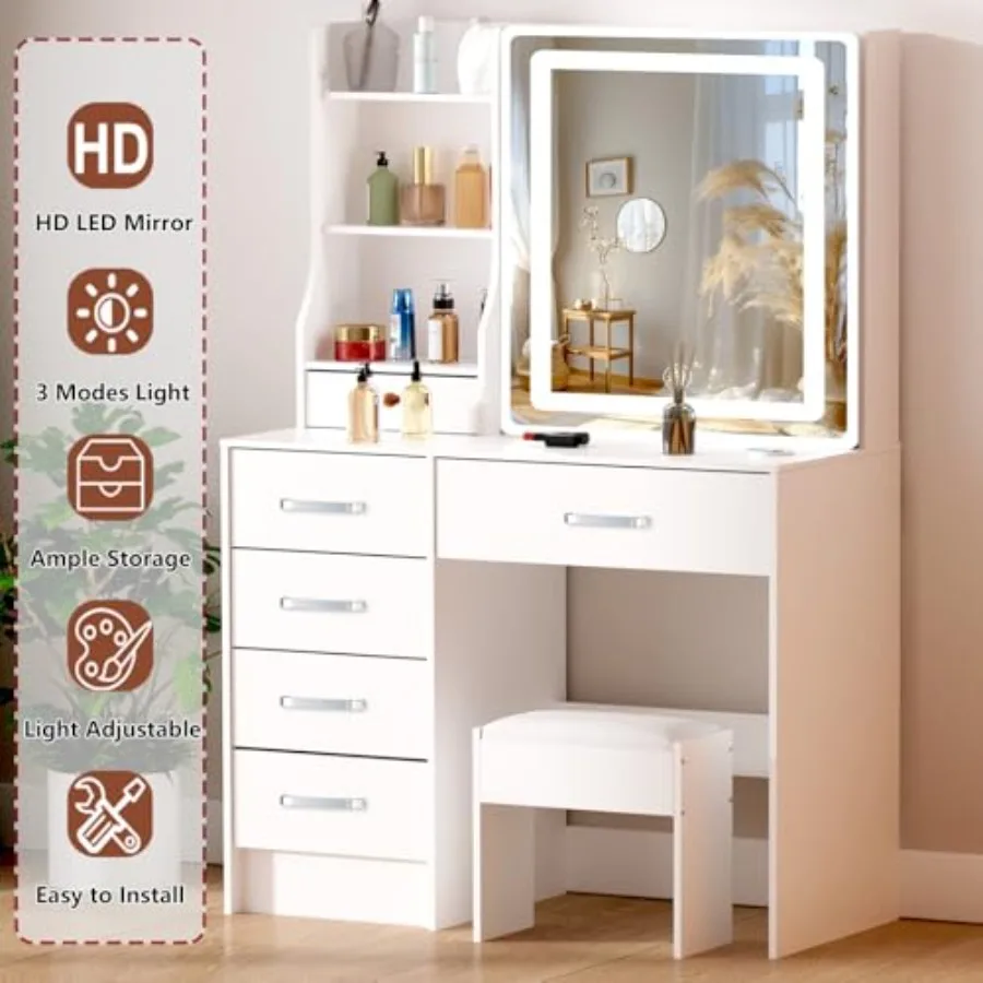 مكتب زينة ممتاز مع مرآة وأضواء LED، مكياج أبيض مع 6 أدراج، 6 أرفف، 1 كرسي LED، 3 أوضاع قابلة للتعديل