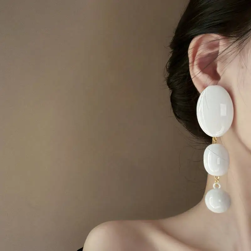 Elegant Silver Needle Acrylic Oval Tassel Earrings Unique Niche European American Cross Border Exaggerated Earrings