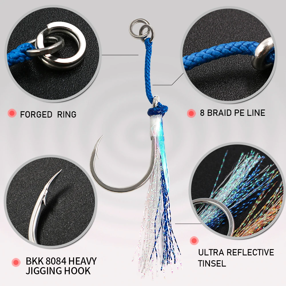 JIGGINGPRO 3PCS/bag 5/0 7/0 9/0 11/0 Heavy Duty Jigging Hook Metal Jig Single Assist Hook Saltwater Fishing Hooks